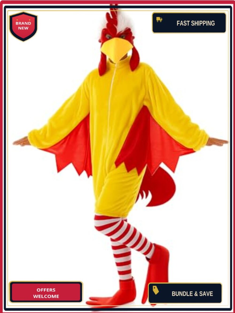 Rooster Costume Adult 5 Pc Plush Bodysuit Chicken Hat Claw Shoes Halloween